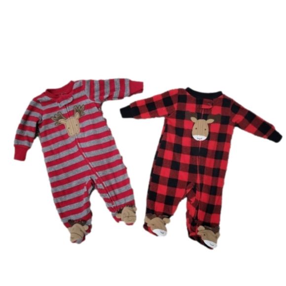 Carter's Other - Two Carter's Newborn Reindeer Zip Up Fleece Footies